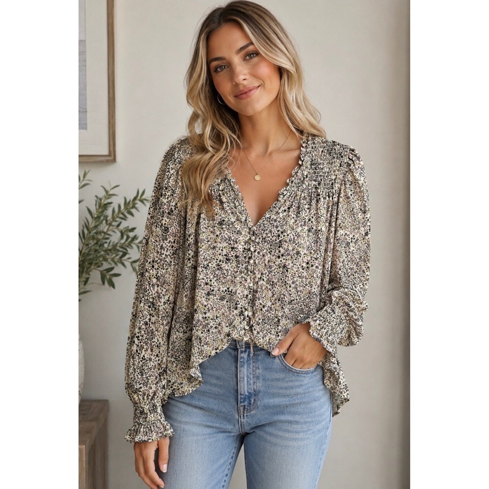 Free People Honeydew Blouse Floral Smocked Sheer Yellow Womens Size S